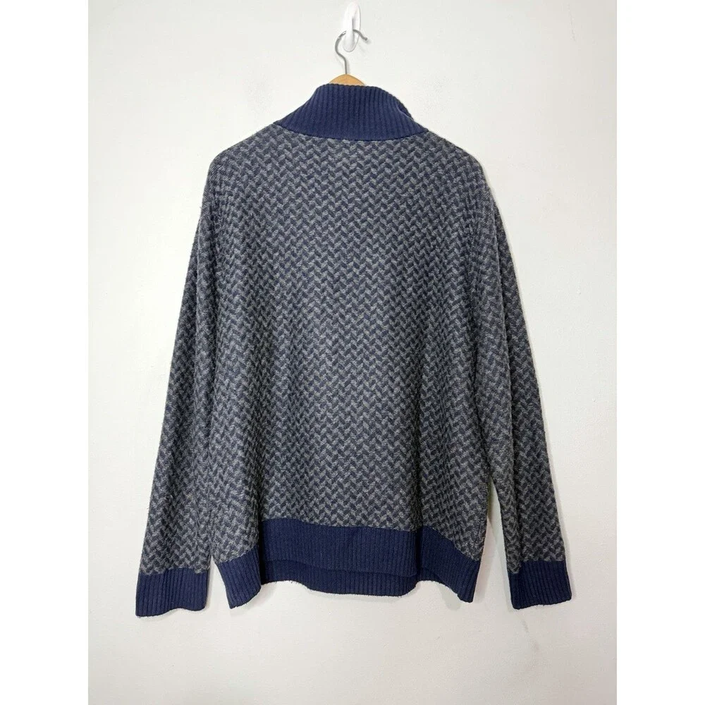 J. Crew Blue Herringbone Knit Merino Wool Blend 1/4 Pullover Sweater Large